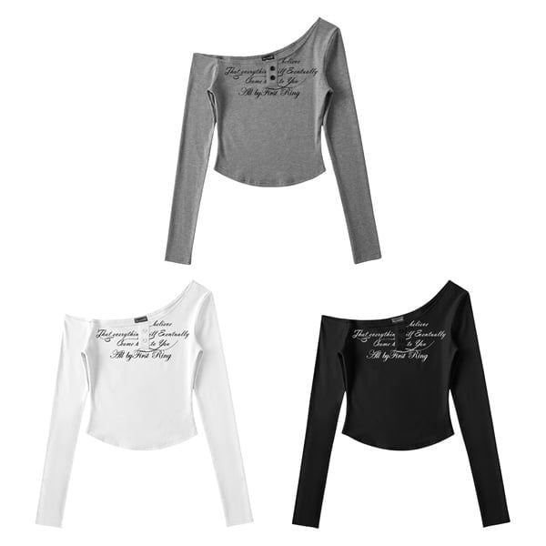  Áo lệch vai dài tay cài nút co giãn ôm body tôn dáng in chữ cá tính Groove 