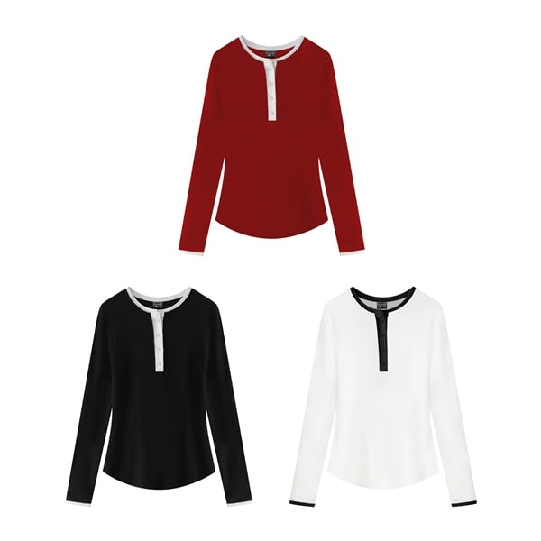  Áo thun tay dài nữ cúc xẻ phối cổ Xia 