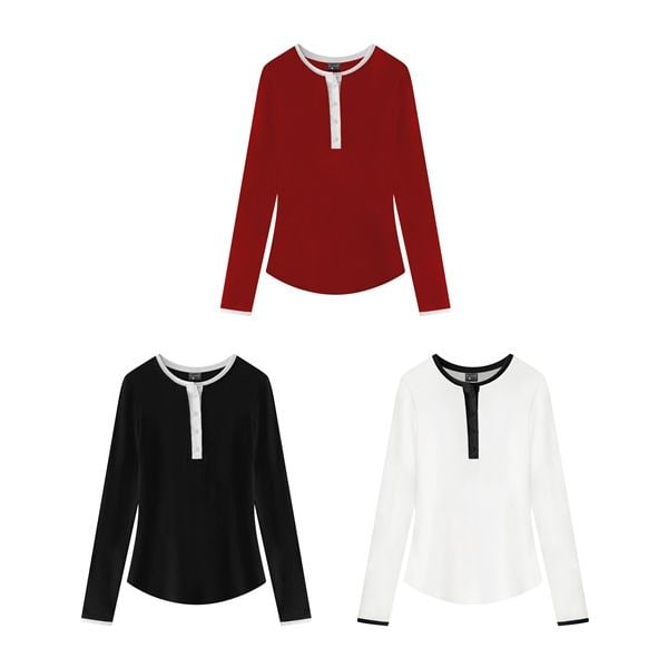  Áo thun tay dài nữ cúc xẻ phối cổ Xia 