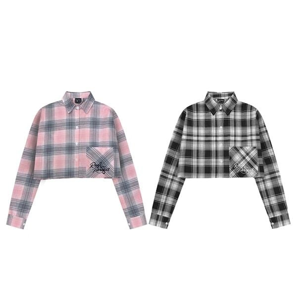  Áo sơ mi croptop flannel Kill System kẻ sọc tay dài túi vuông chữ in Kumi Kumi 