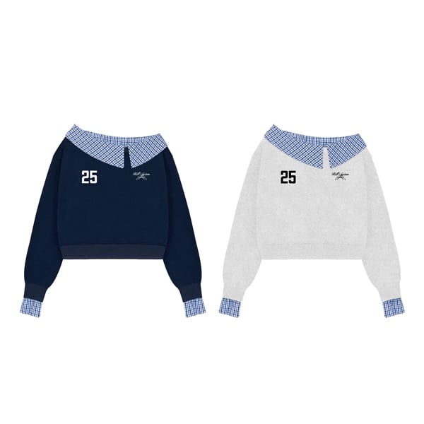  Áo sweater nỉ trễ vai tay dài KYLIE phối kẻ caro in thêu 