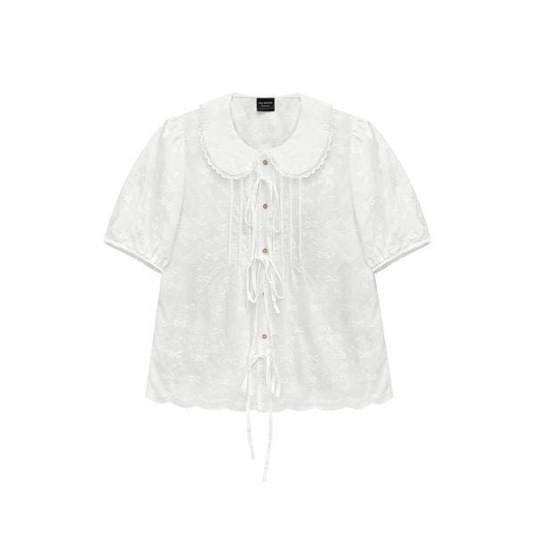  Áo Babydoll cổ ren buộc nơ Yuri tay phồng phối nơ 