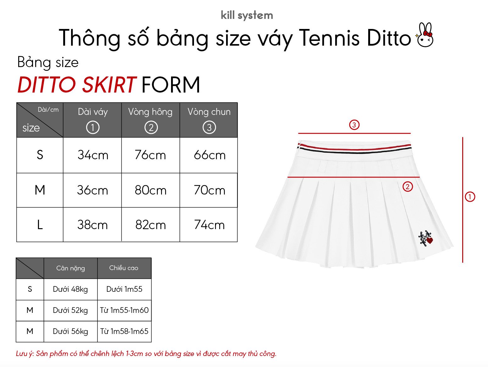  Chân váy xếp ly tennis Ditto Kill System màu trắng hình thêu 