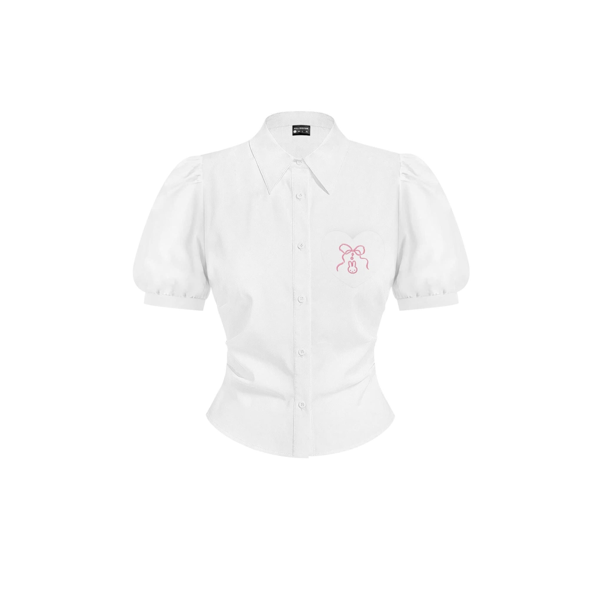  Áo sơ mi chiết eo cột nơ Junhee có túi tim thêu hình nơ và thỏ 