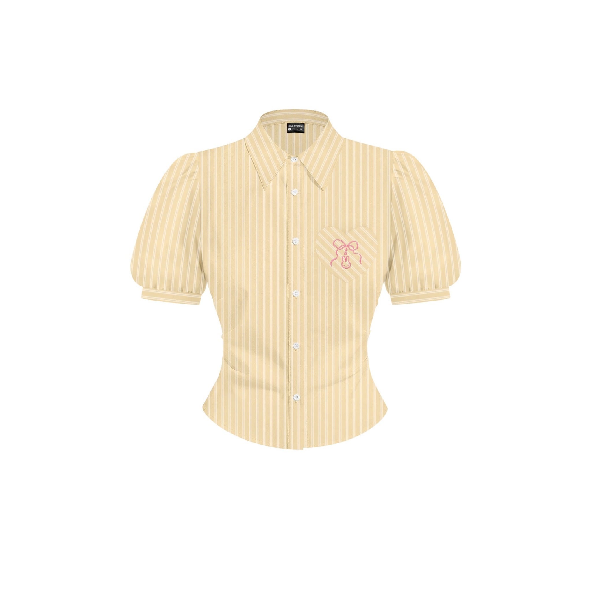  Áo sơ mi chiết eo cột nơ Junhee có túi tim thêu hình nơ và thỏ 