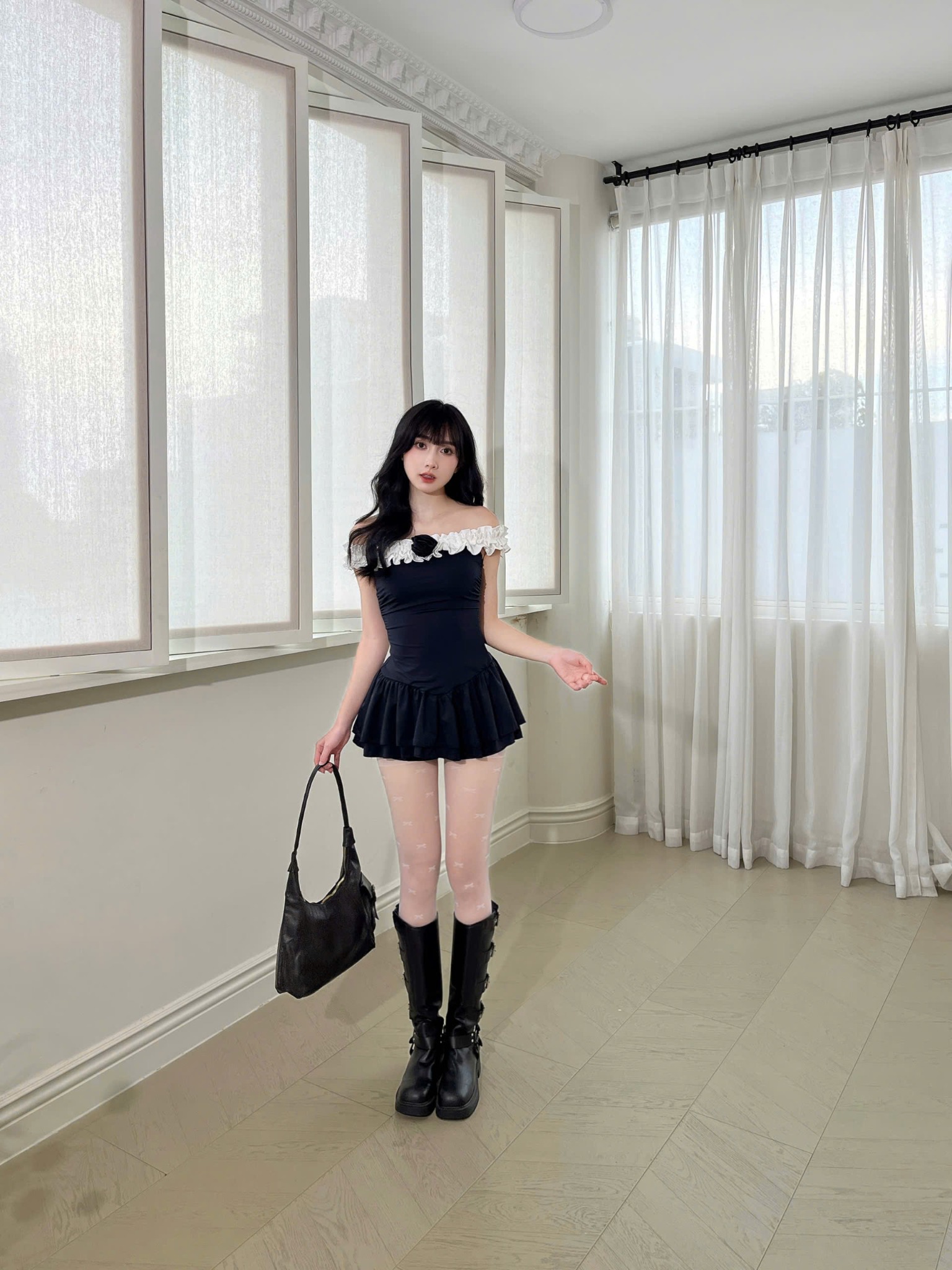  Set đầm trễ vai đính hoa kèm quần Sona 