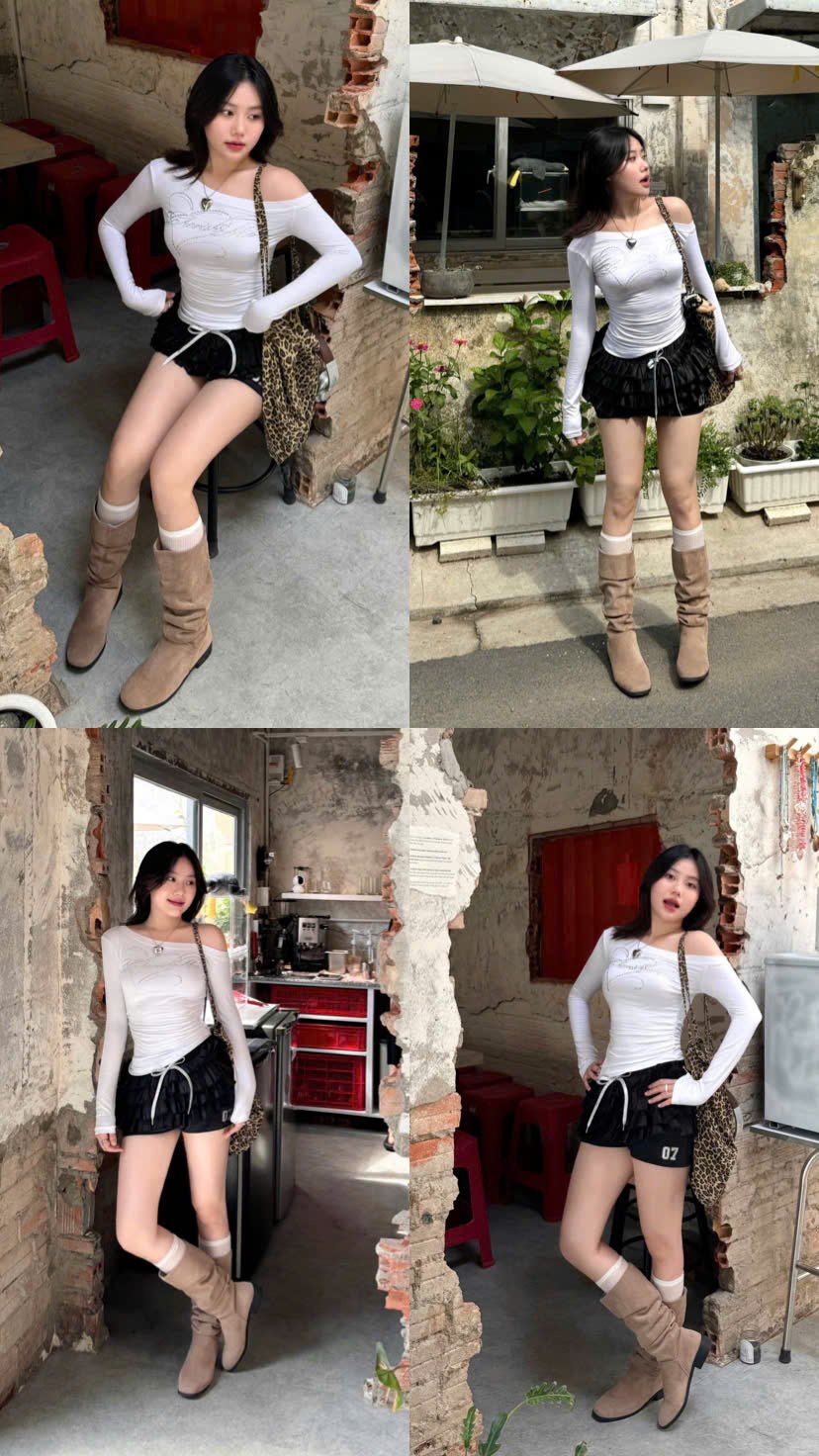  Áo thun trễ vai tay dài Cherist Me đính đá họa tiết 