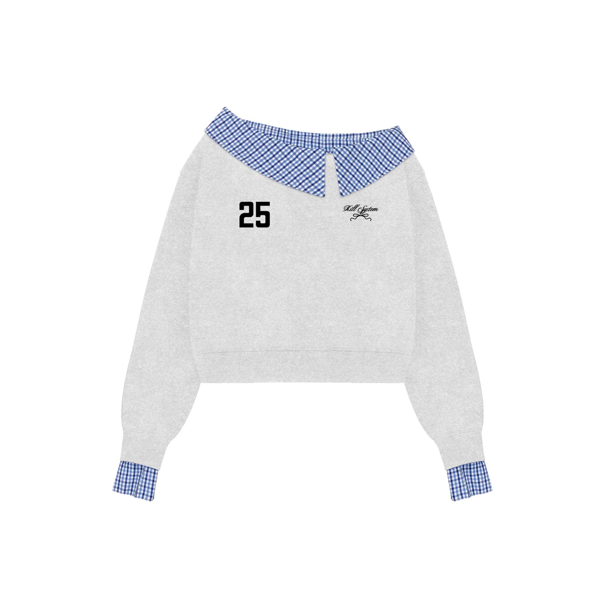  Áo sweater nỉ trễ vai tay dài KYLIE phối kẻ caro in thêu 