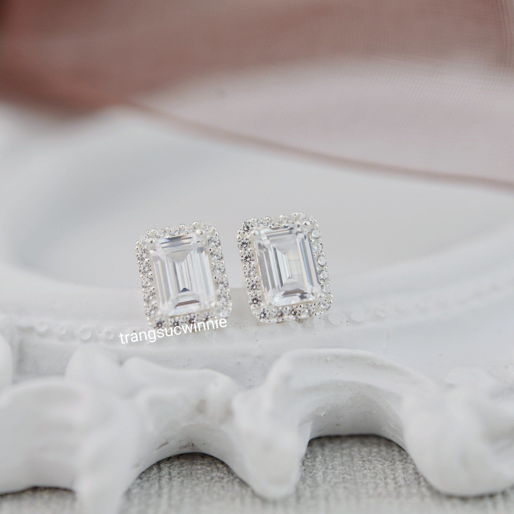  Hoa tai Bạc S925 Emerald Cut Diamond 