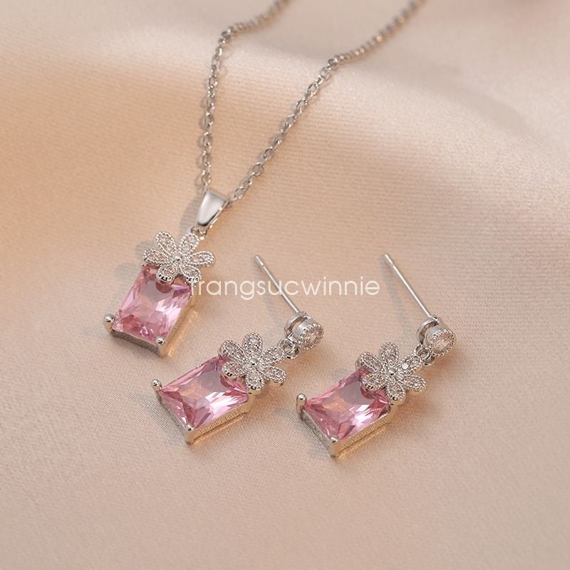  Dây chuyền titan Pink Zircon flower 