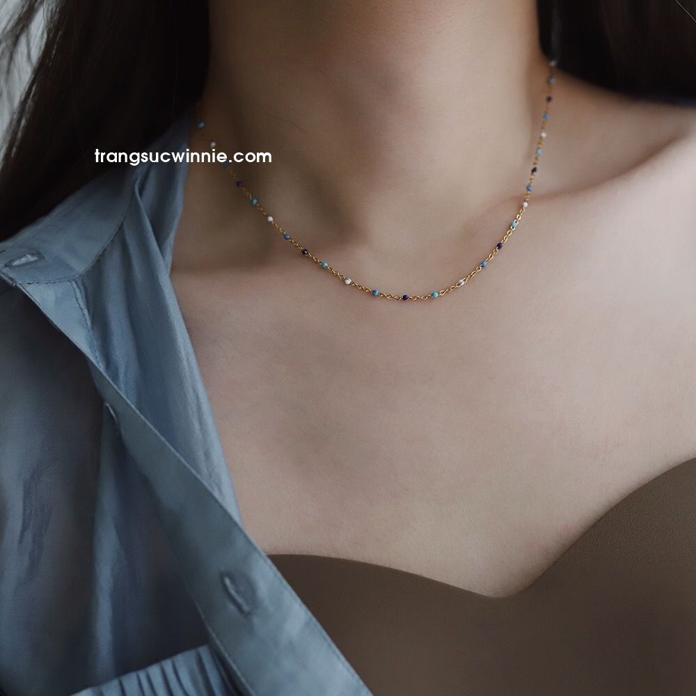  Dây chuyền titan Choker hạt xanh 