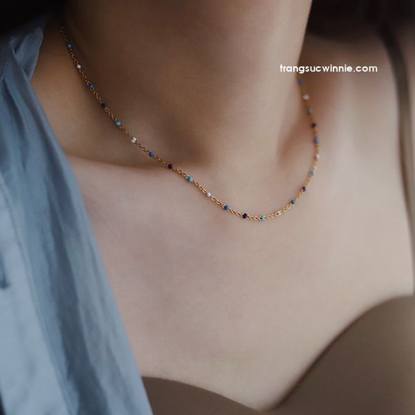  Dây chuyền titan Choker hạt xanh 