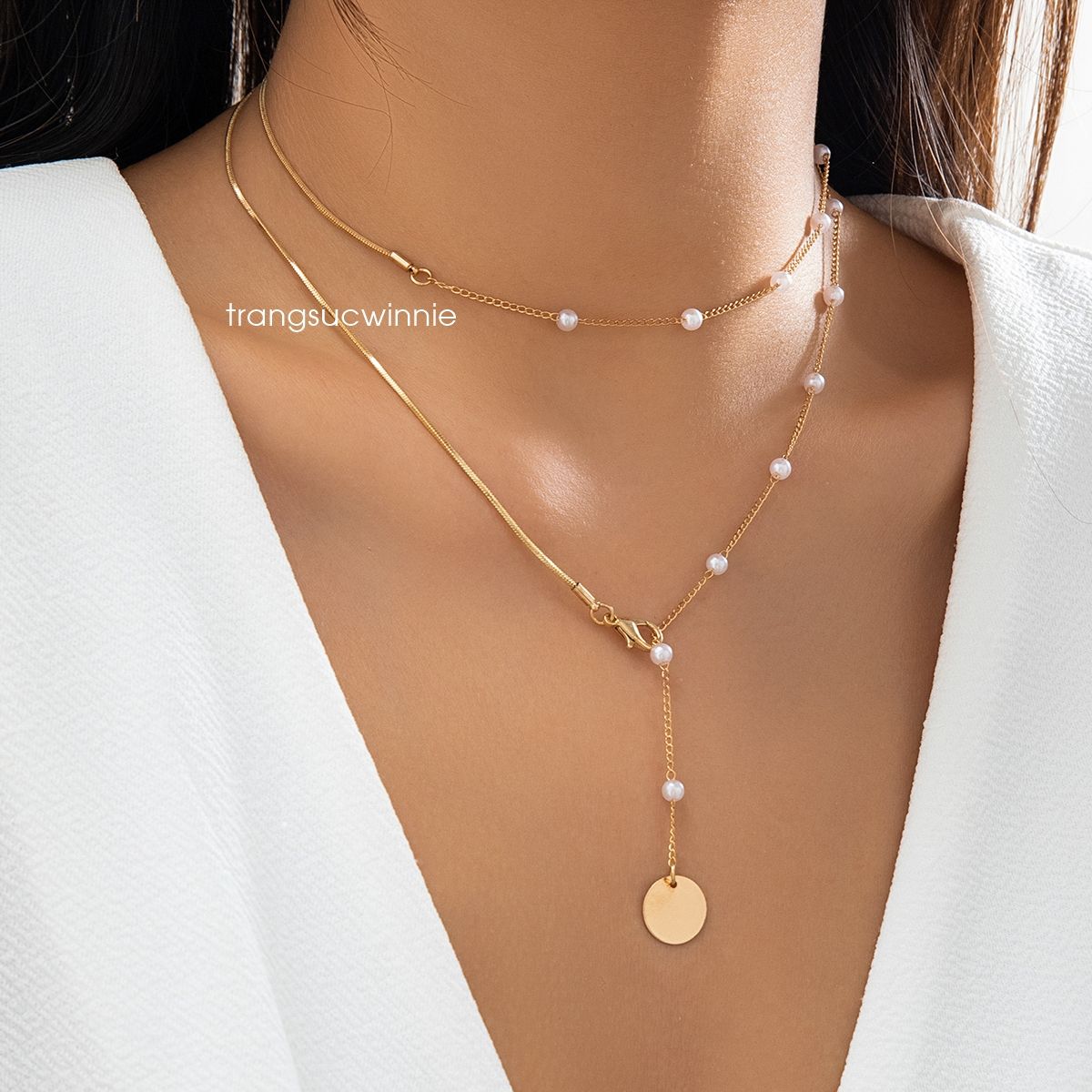  Dây chuyền titan Hanging gold pearl 