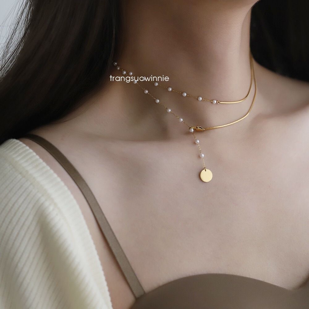  Dây chuyền titan Hanging gold pearl 