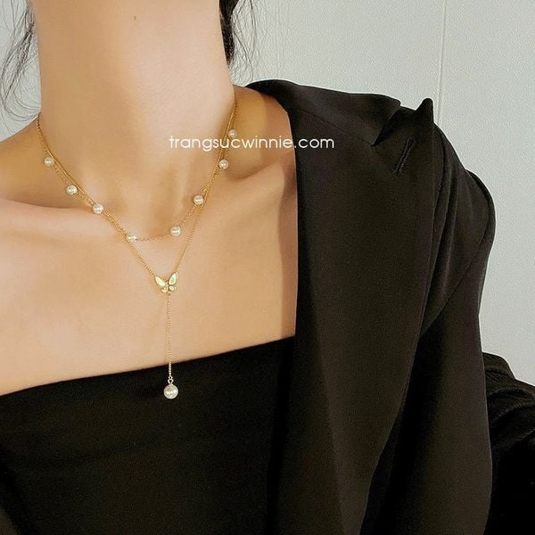  Dây chuyền titan Layer Bướm ngọc trai 