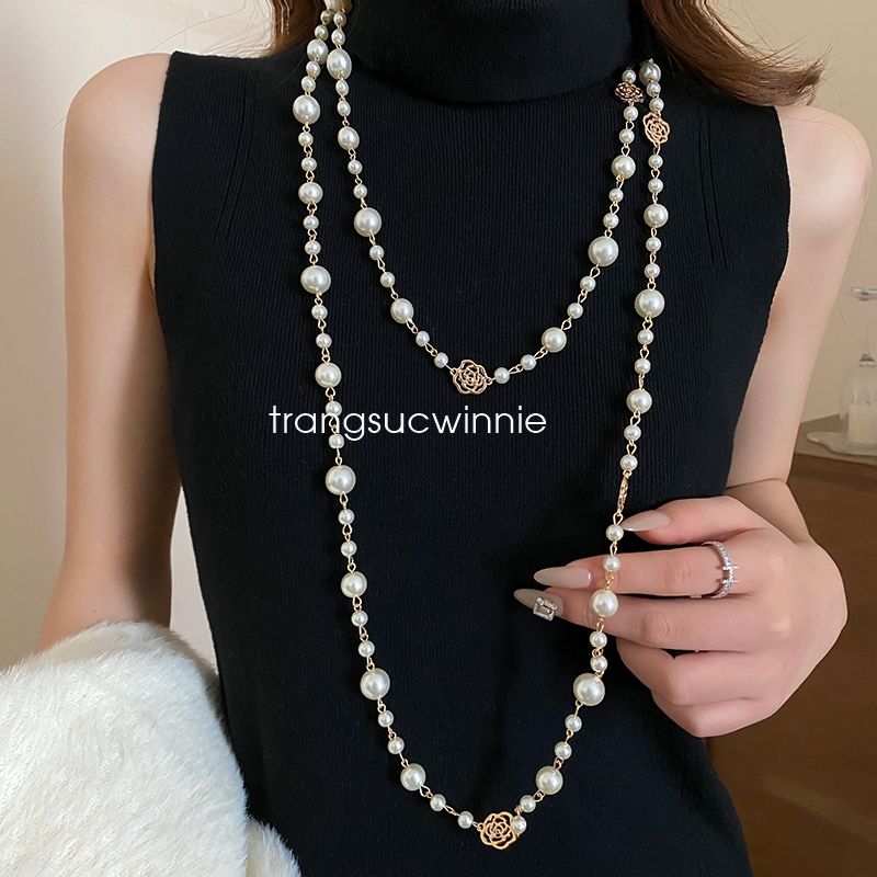  Dây chuyền Ngọc trai dài hoa hồng 