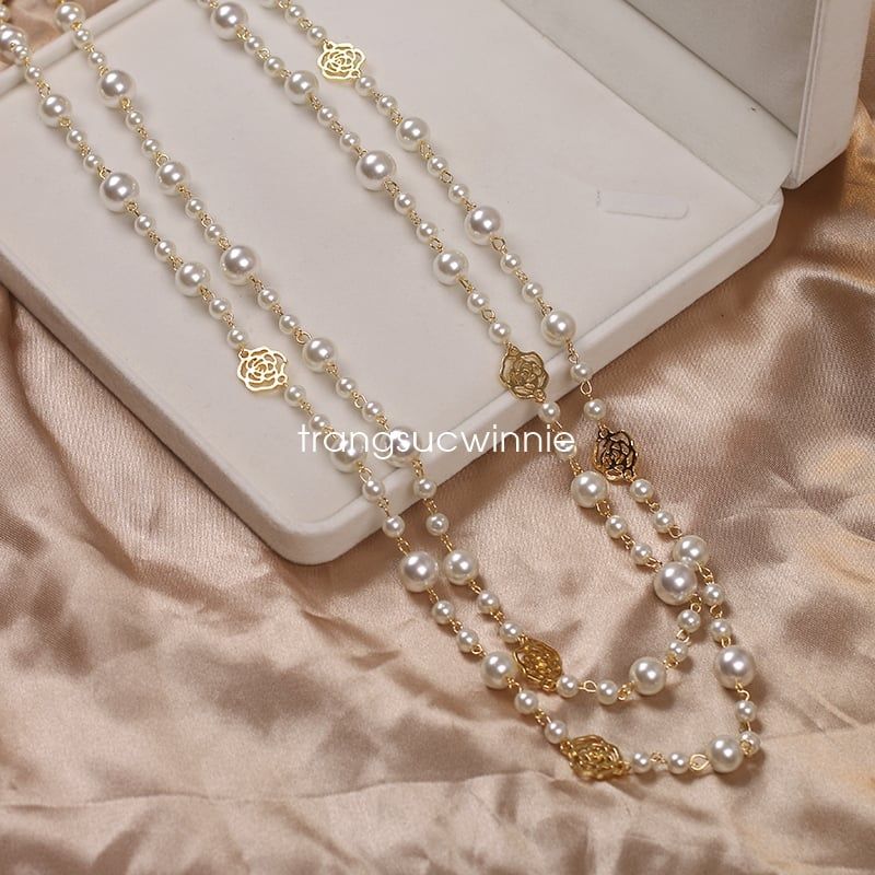  Dây chuyền Ngọc trai dài hoa hồng 