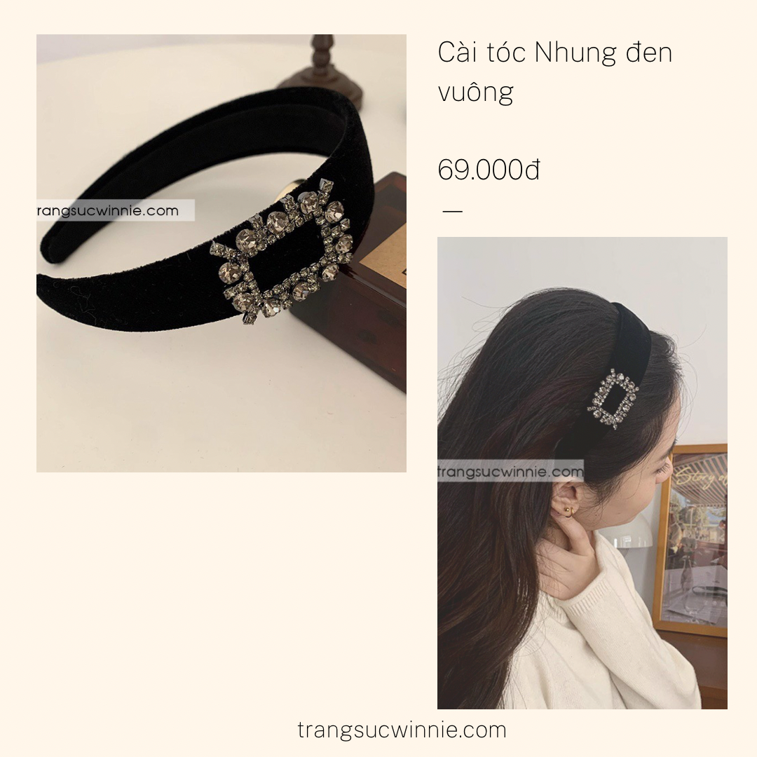  Cài tóc nhung đen vuông 