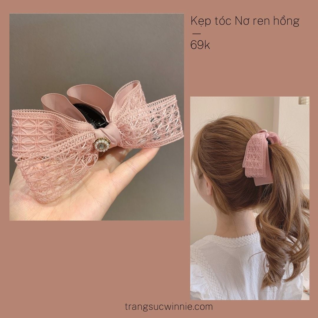  Kẹp tóc Nơ ren - hồng 
