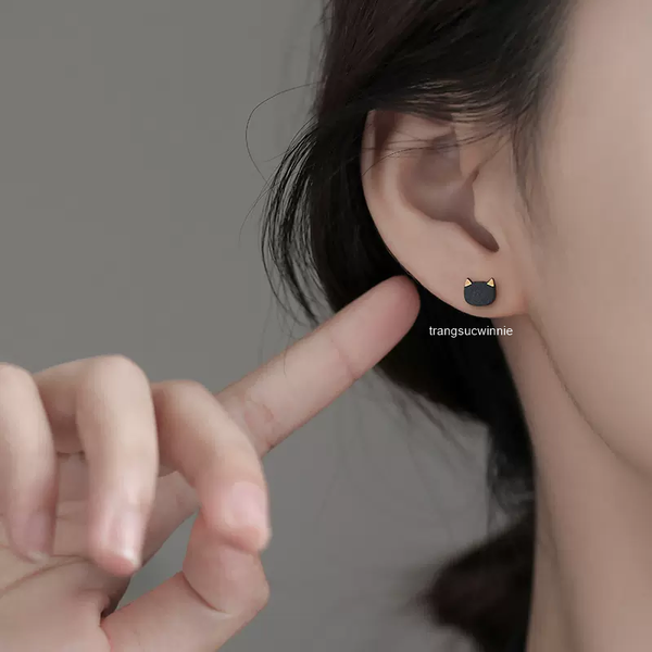  Hoa tai Bạc S925 Mèo đen 