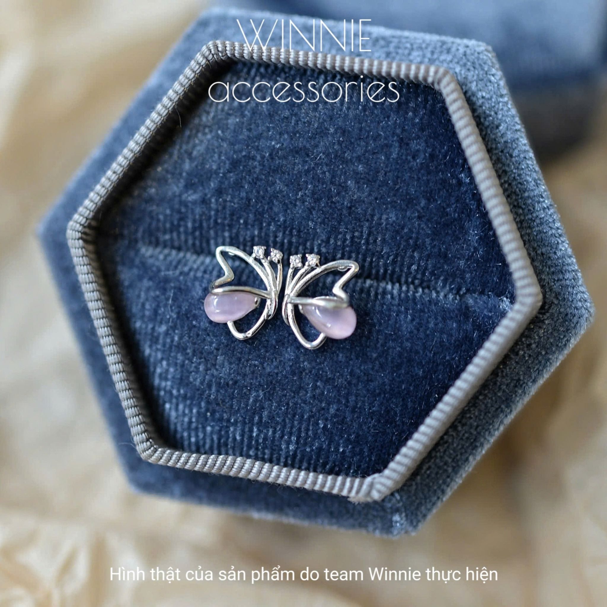  Hoa tai Bạc S925 Bướm Opal hồng 