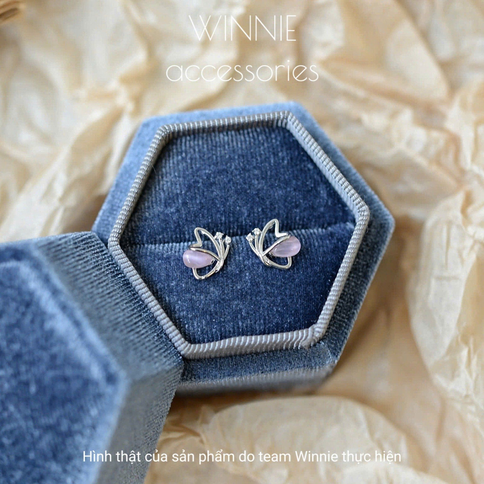  Hoa tai Bạc S925 Bướm Opal hồng 