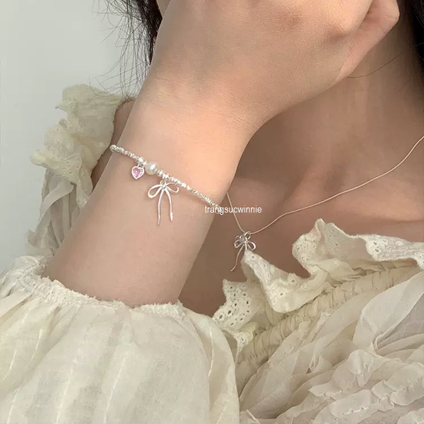  Lắc tay Bạc S925 Aura Nơ tim hồng 