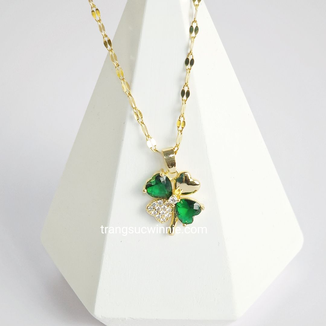 Dây chuyền titan Clover đá xanh 