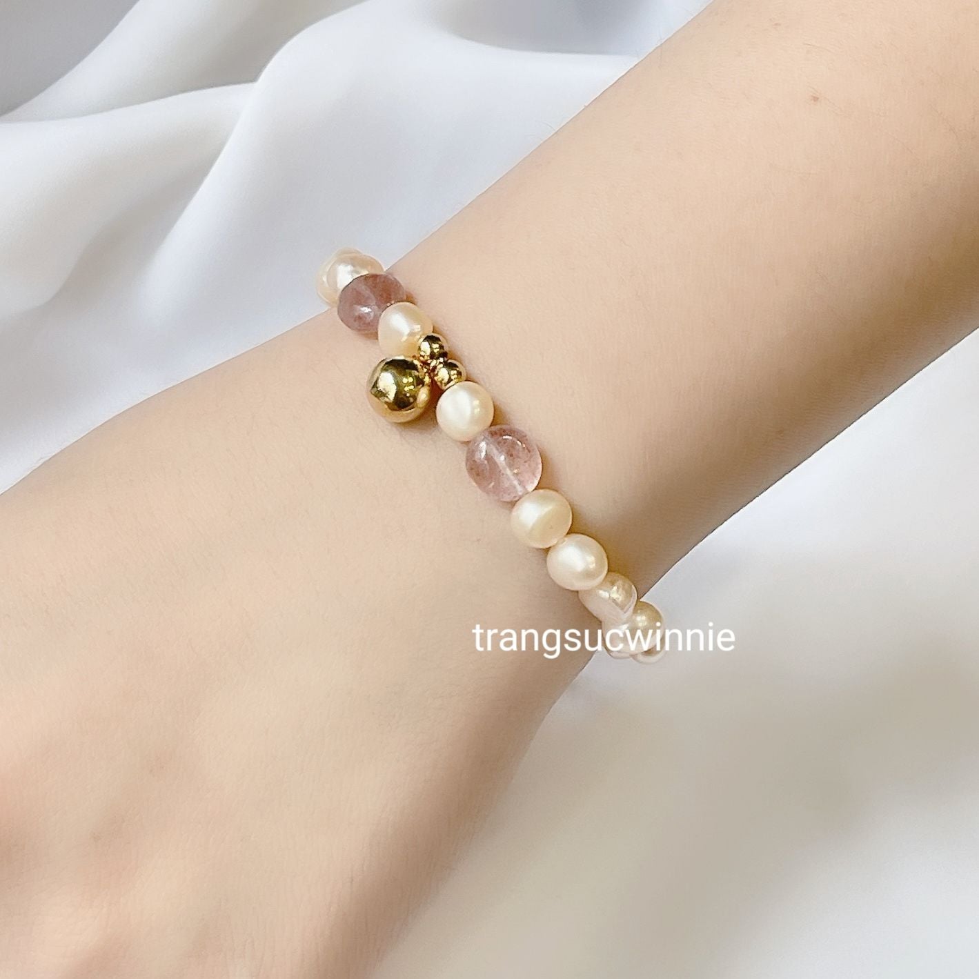  Lắc tay titan Ngọc trai bi đá dâu 