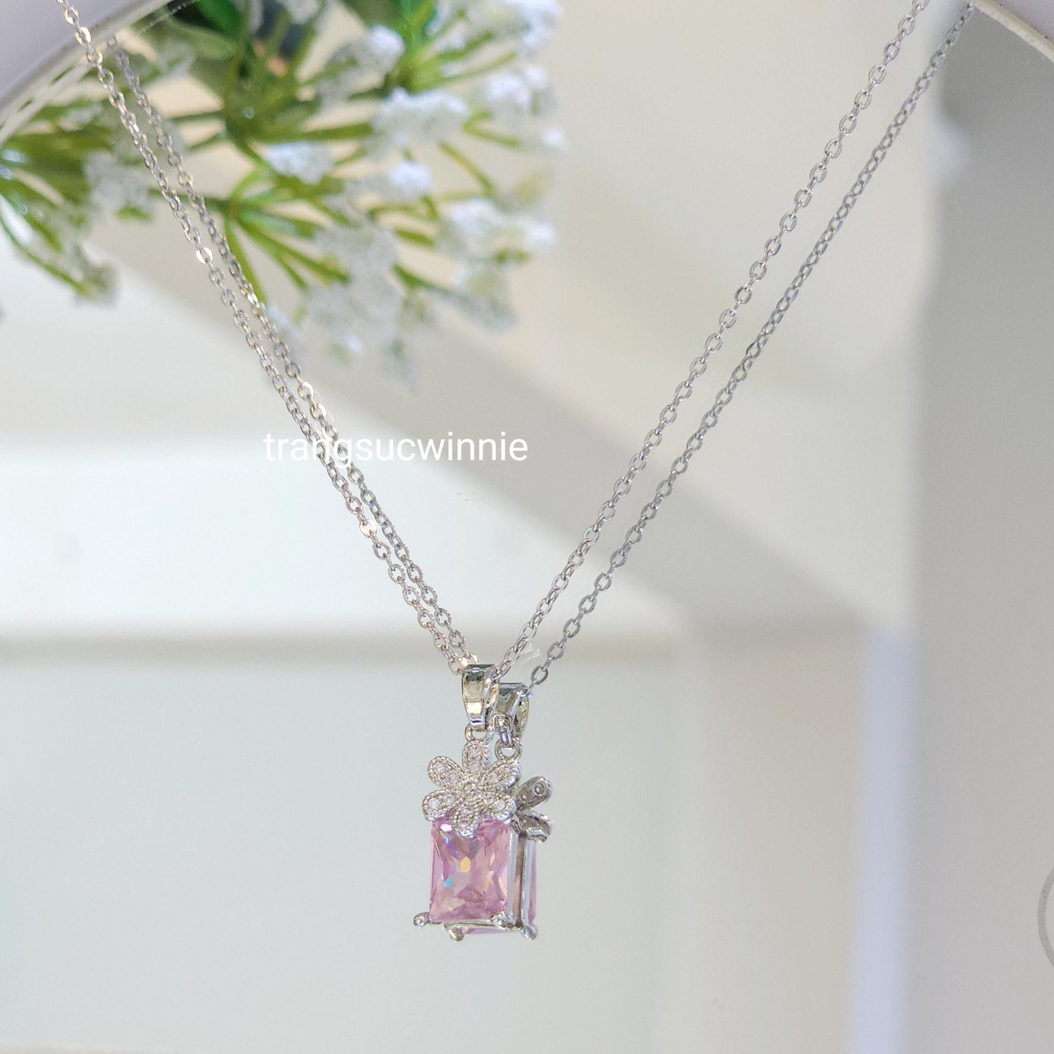  Dây chuyền titan Pink Zircon flower 