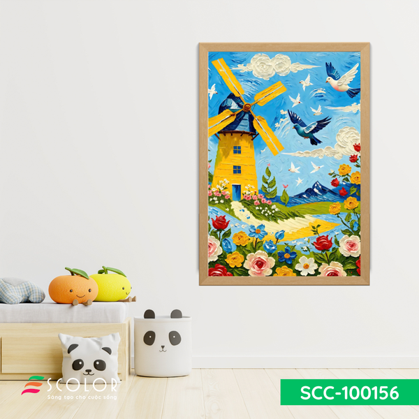 Tranh cối xay gió giữa cánh đồng hoa - SCC100156