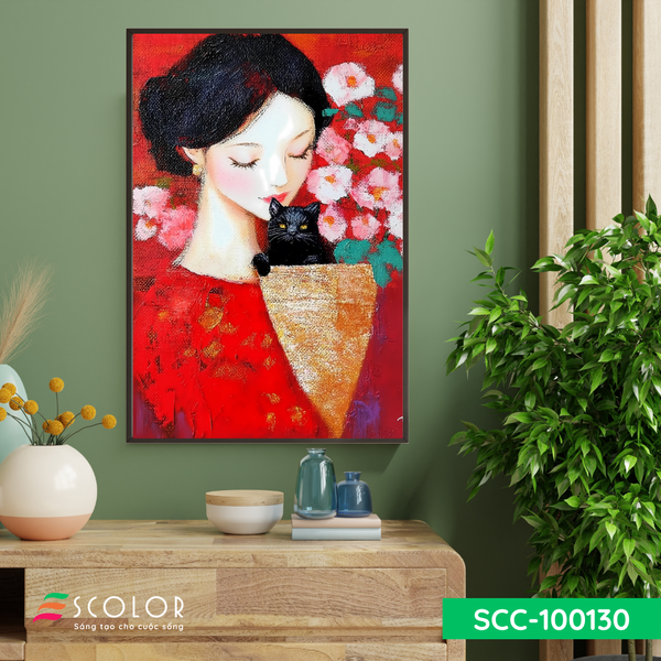 Tranh thiếu nữ và mèo đen - SCC100130