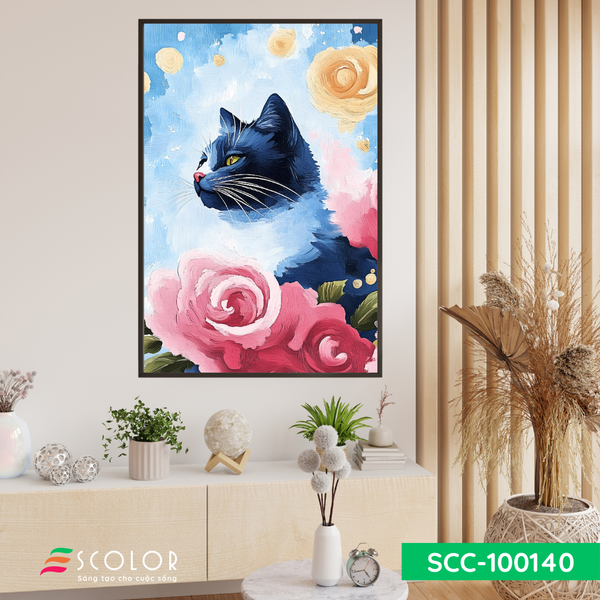 Tranh mèo xanh giữa vườn hoa - SCC100140