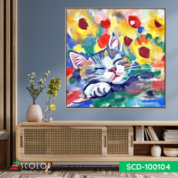 Tranh Mèo con bên vườn xuân - SCD100104