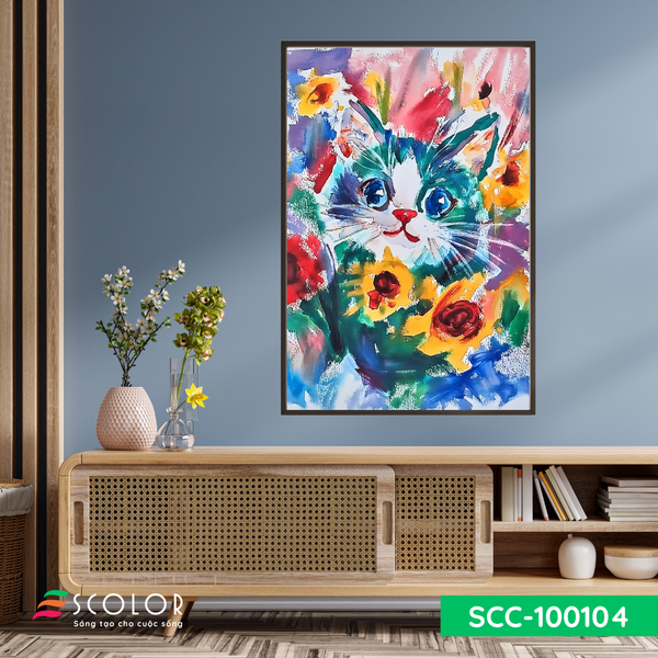 Tranh chú mèo trong vườn hoa - SCC100104