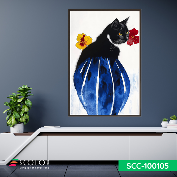 Tranh mèo đen và bình hoa xanh - SCC100105