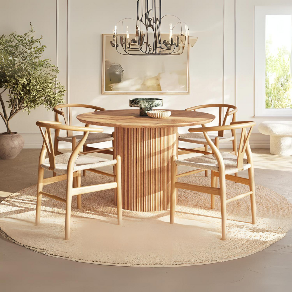 Bộ Bàn Ăn Tròn Chân Nan Palais 4 Ghế Wishbone đan dây