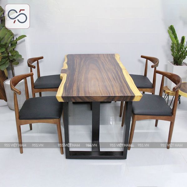 Bộ bàn ăn gỗ me tây nguyên tấm 4 ghế bull gỗ
