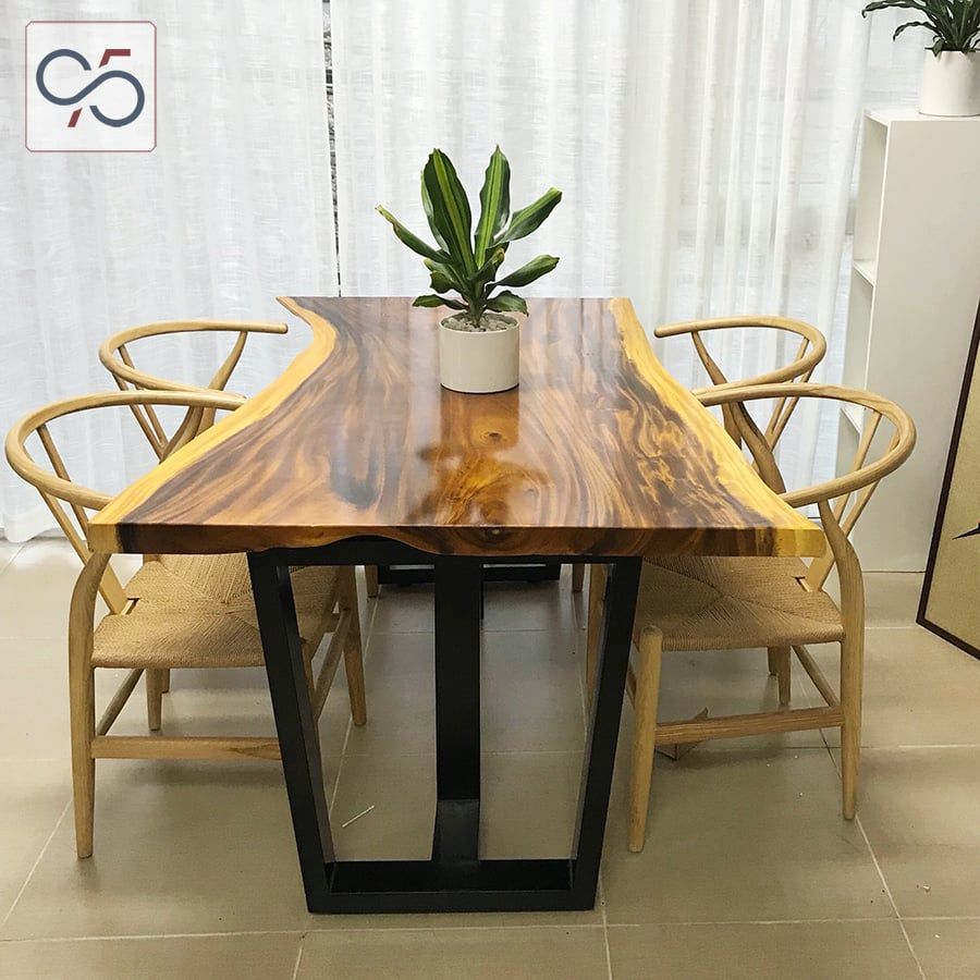Bộ bàn ăn GỖ ME TÂY nguyên tấm 4 ghế WISHBONE đan dây