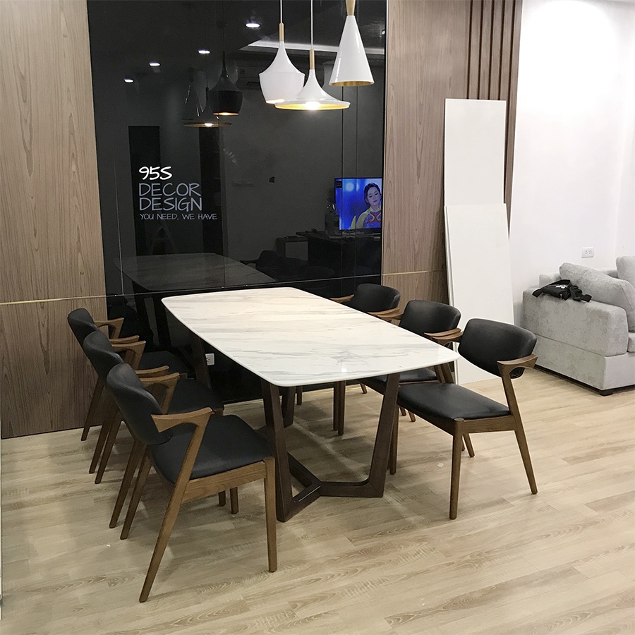 Bộ bàn ăn mặt đá chân gỗ Concorde 6 ghế gỗ Kai