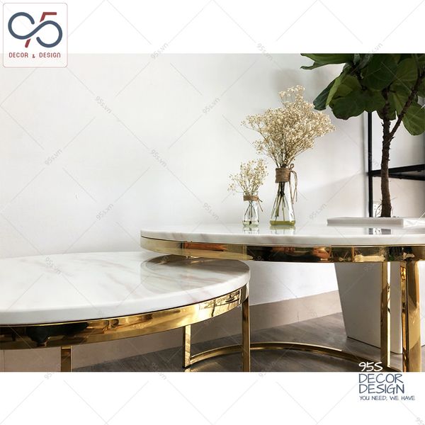 Bàn trà tròn đôi sofa inox mạ vàng PVD mặt đá BTV-01