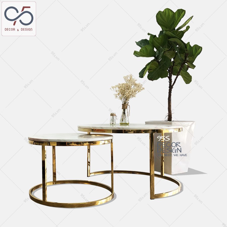 Bàn trà tròn đôi sofa inox mạ vàng PVD mặt đá BTV-01