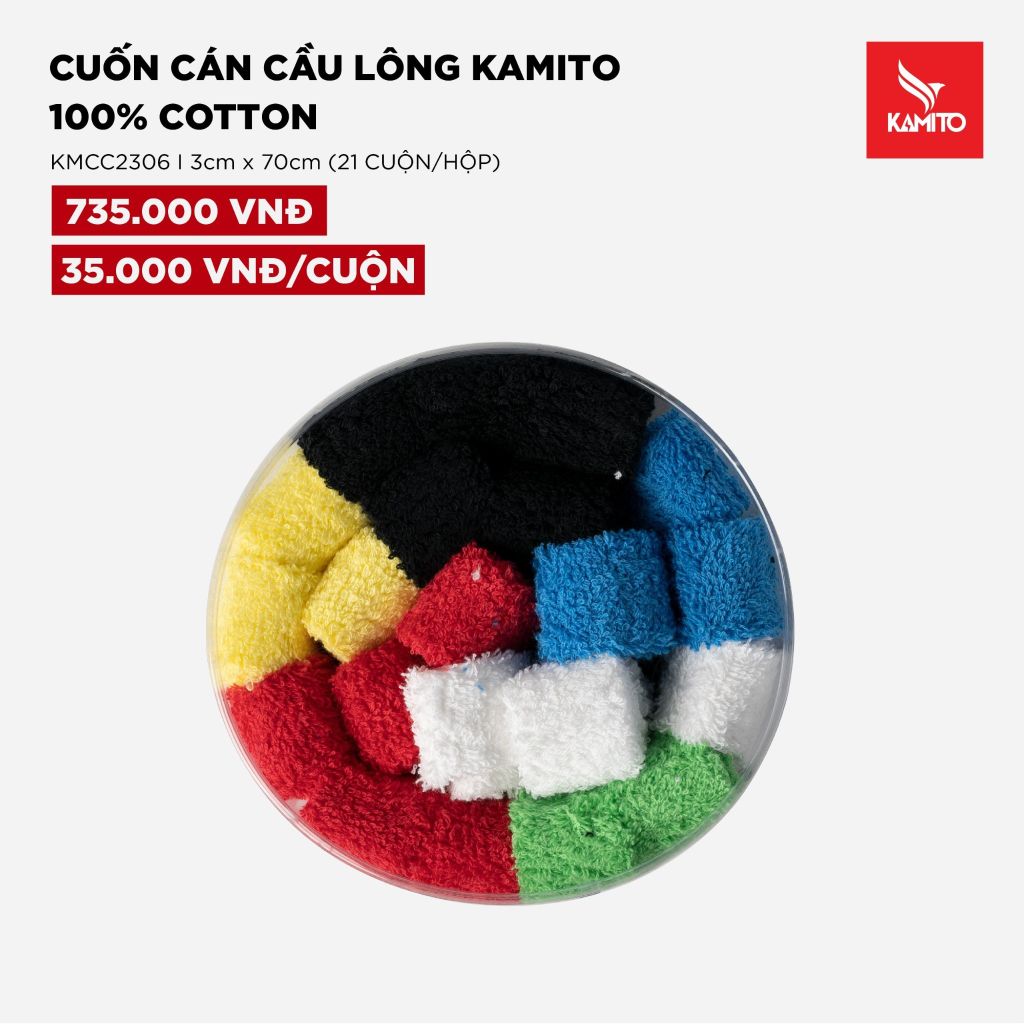 
                    
                    Cuốn cán cầu lông Kamito 100% cotton - 3*70cm (21 cuộn/hộp)
                    
                    