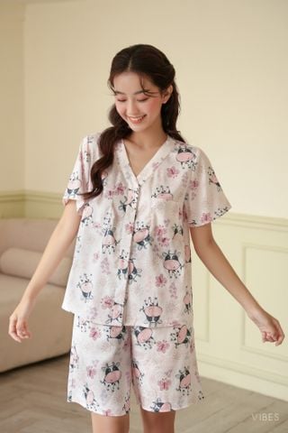 Pijama ngắn cổ V lụa gấm Little Cow Py Set