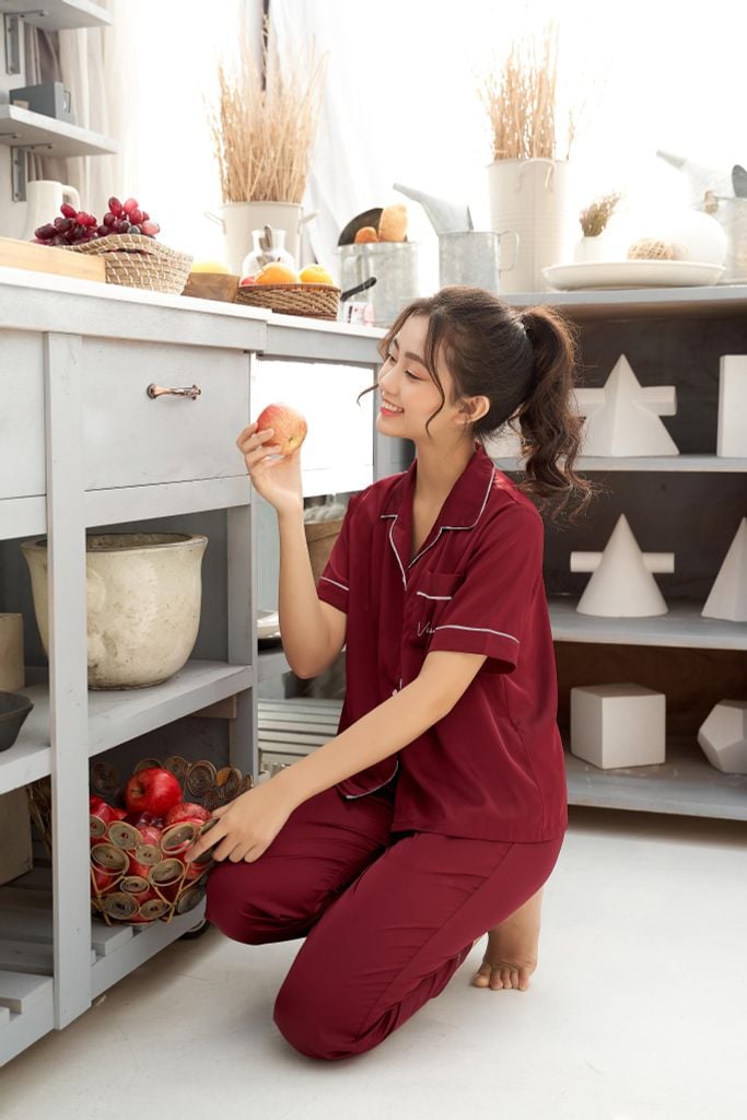 Pijama dài lụa trơn Cherry Long Py Set