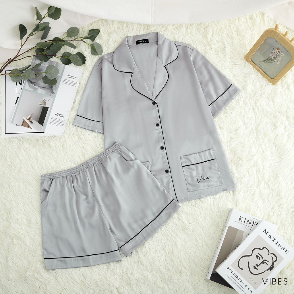 Pijama ngắn lụa trơn Gray Silk Py Set