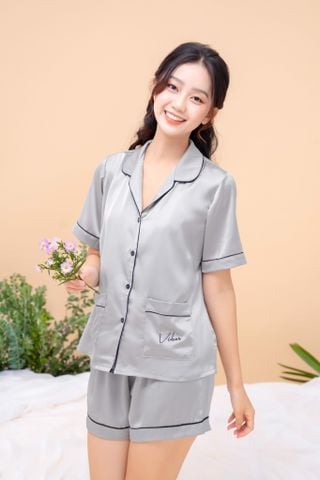 Pijama ngắn lụa trơn Gray Silk Py Set