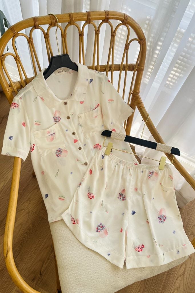 Pijama ngắn Lụa gấm Sweet Py Set in White
