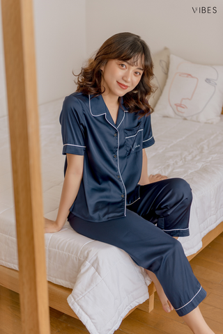 Pijama dài lụa trơn Navy Long Py Set