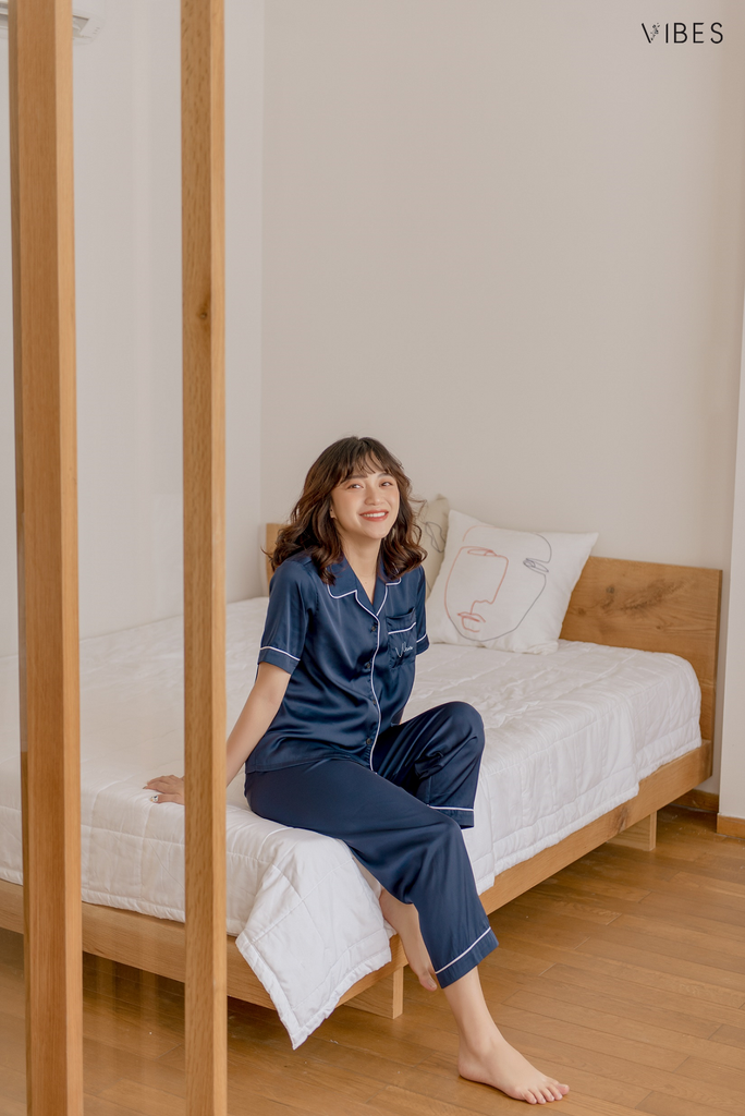 Pijama dài lụa trơn Navy Long Py Set (phom 2025)